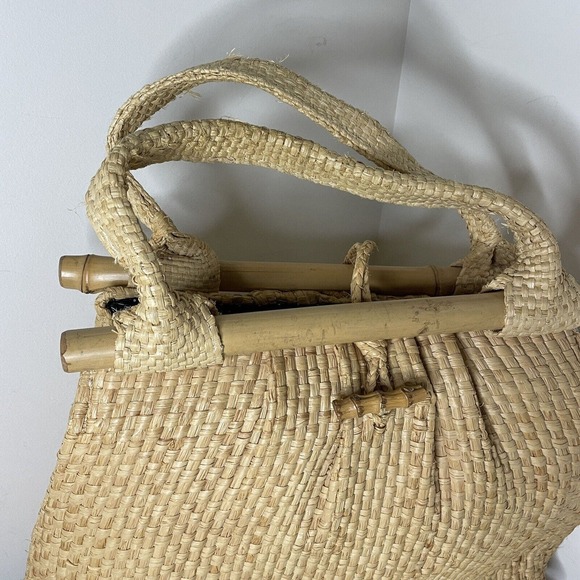 VTG Boho Mid-century Natural Straw Raffia Bag Tote Bamboo Accent Summer Beach - Picture 11 of 16